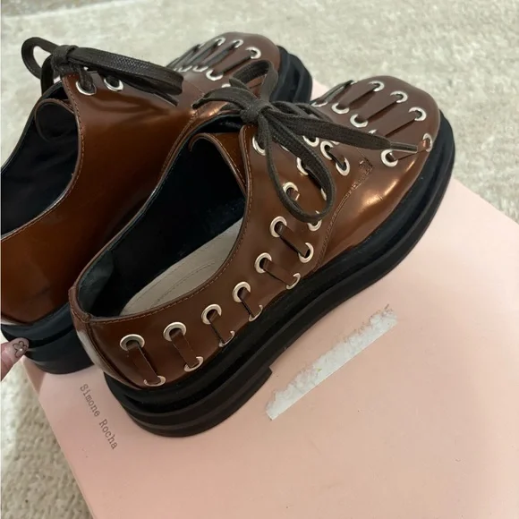 Brown Patent Leather Lace-Up Platforms with Silver Eyelet Detail - Picture 5 of 5